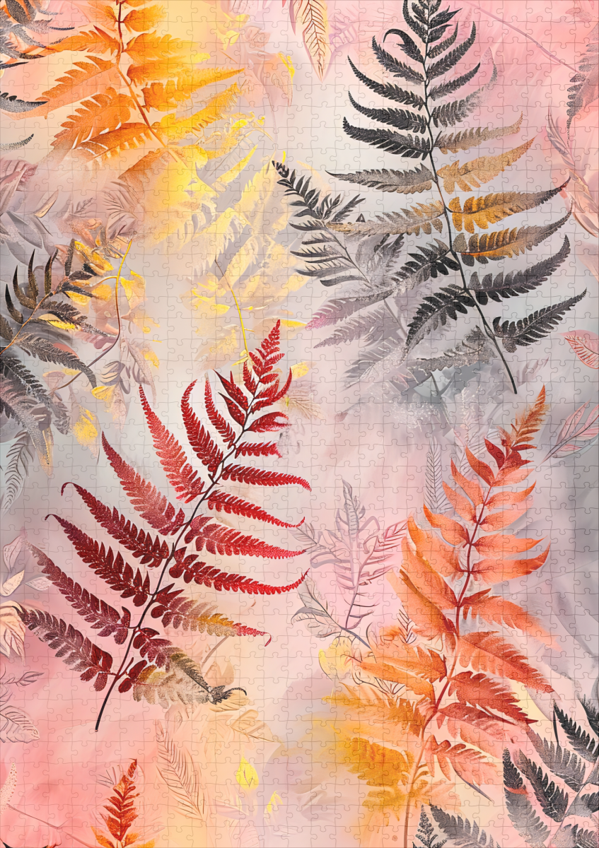 raxxa Premium-Puzzle: Dark Red Fern Leaves With Gold Accents On Pink Pastel Background – Bild 2
