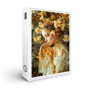 raxxa Premium-Puzzle: woman elegantly poses with honeybees and the sweet result of their labor, honey.