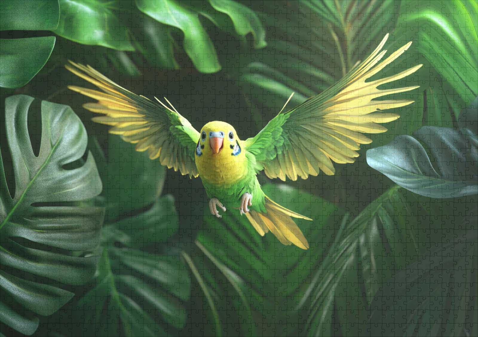 raxxa Premium-Puzzle: Wellensittich auf dem Flug im Zimmerpflanzen Dschungel – Image 2