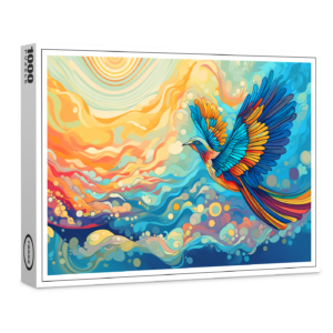 raxxa Premium-Puzzle: Farbenfroher Vogel auf dem Flug in die Wolken