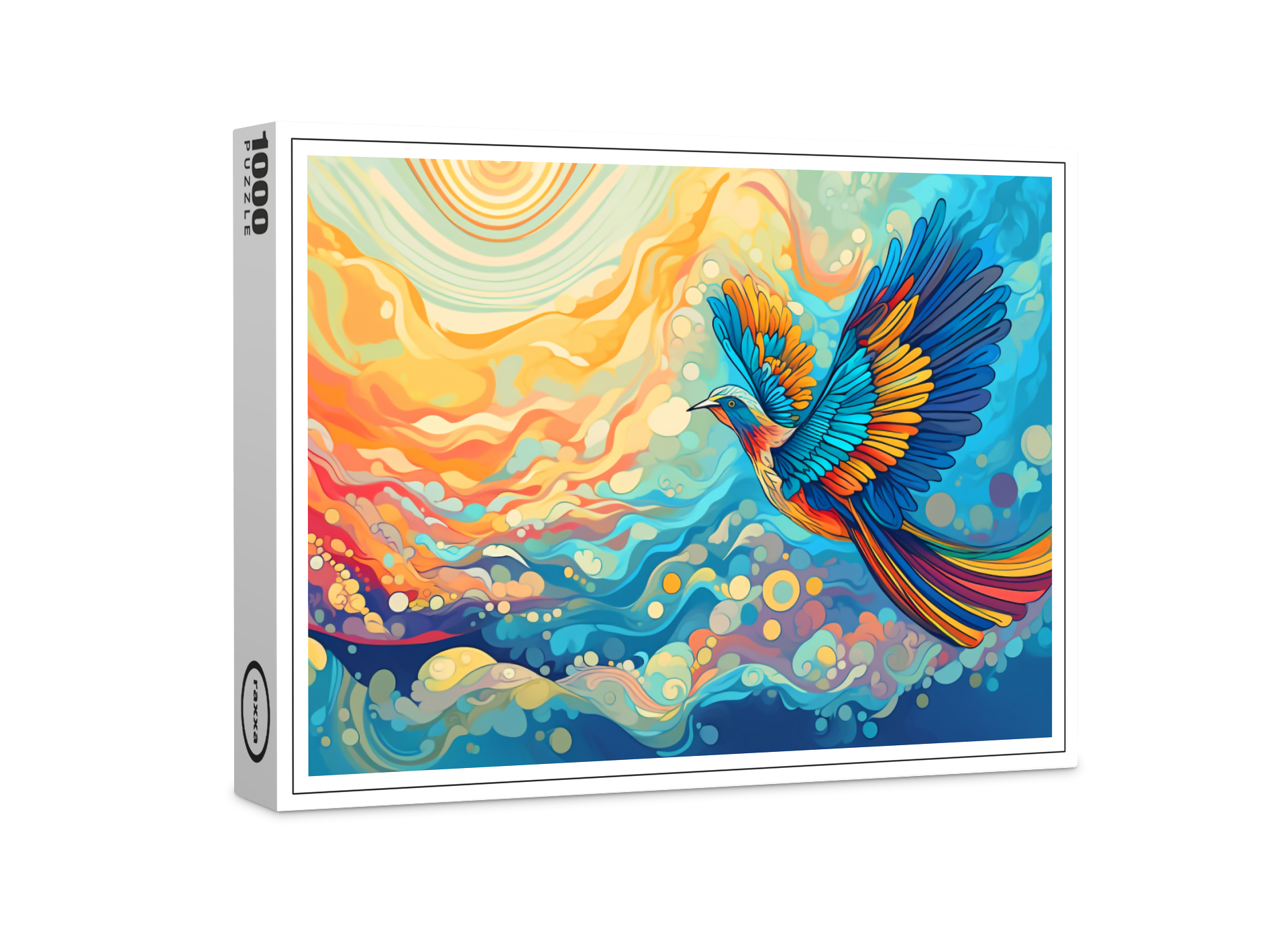 raxxa Premium-Puzzle: Farbenfroher Vogel auf dem Flug in die Wolken