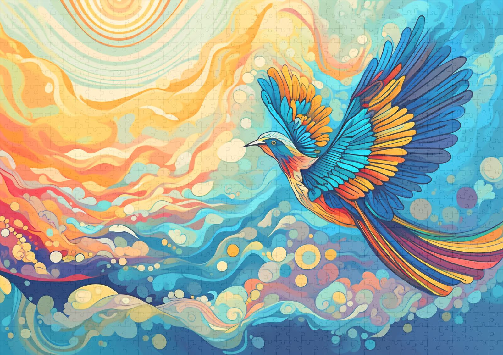 raxxa Premium-Puzzle: Farbenfroher Vogel auf dem Flug in die Wolken – Bild 2