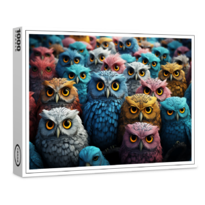 raxxa Premium-Puzzle: Gruppenbild mit farbenfrohen Eulen