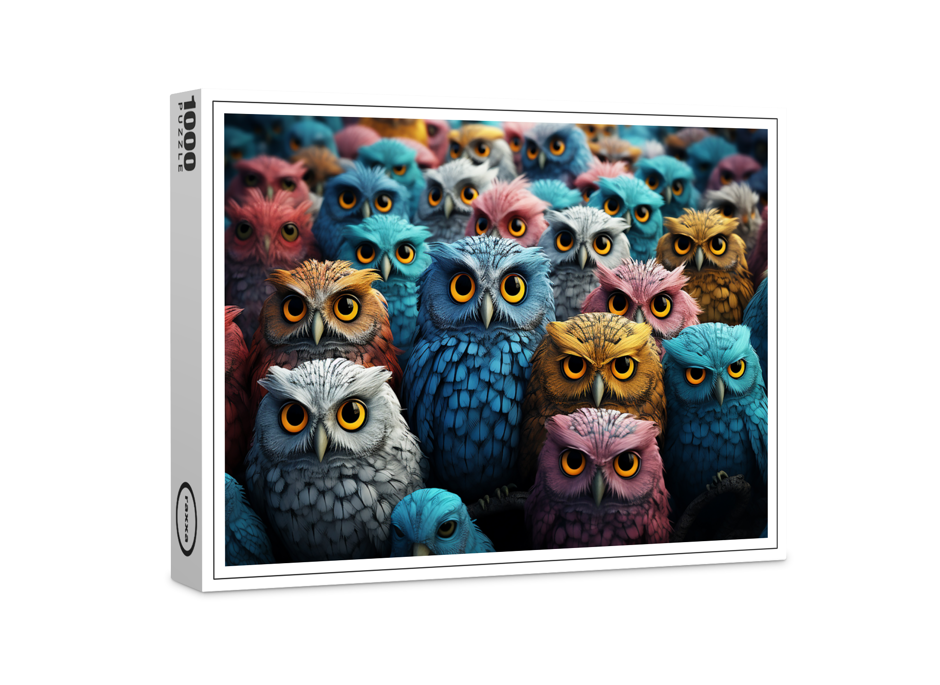 raxxa Premium-Puzzle: Gruppenbild mit farbenfrohen Eulen