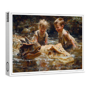 raxxa Premium-Puzzle: Kinder spielen mit Dinosauriern im Wasser