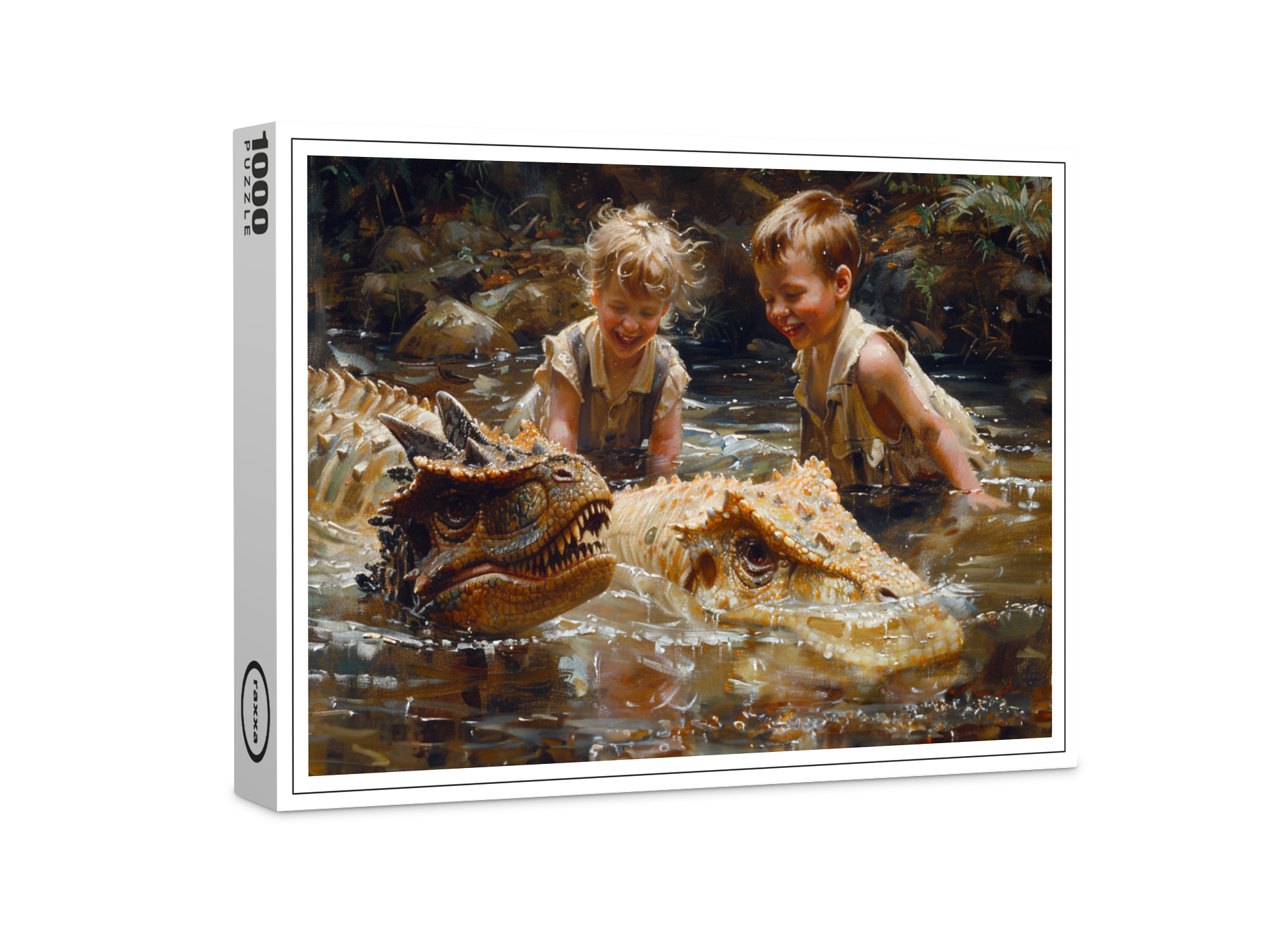 raxxa Premium-Puzzle: Kinder spielen mit Dinosauriern im Wasser