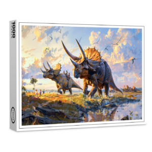 raxxa Premium-Puzzle: Triceratops Dinosaurier mit Menschen unterwegs