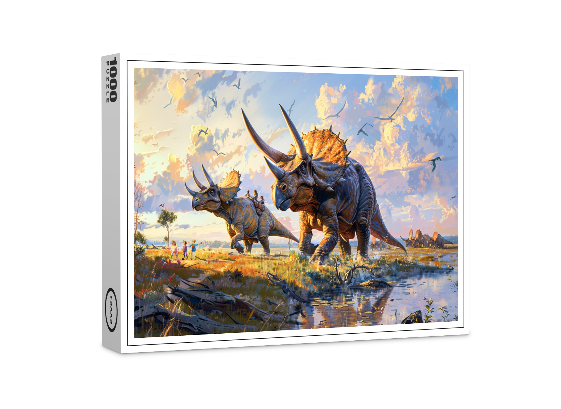 raxxa Premium-Puzzle: Triceratops Dinosaurier mit Menschen unterwegs
