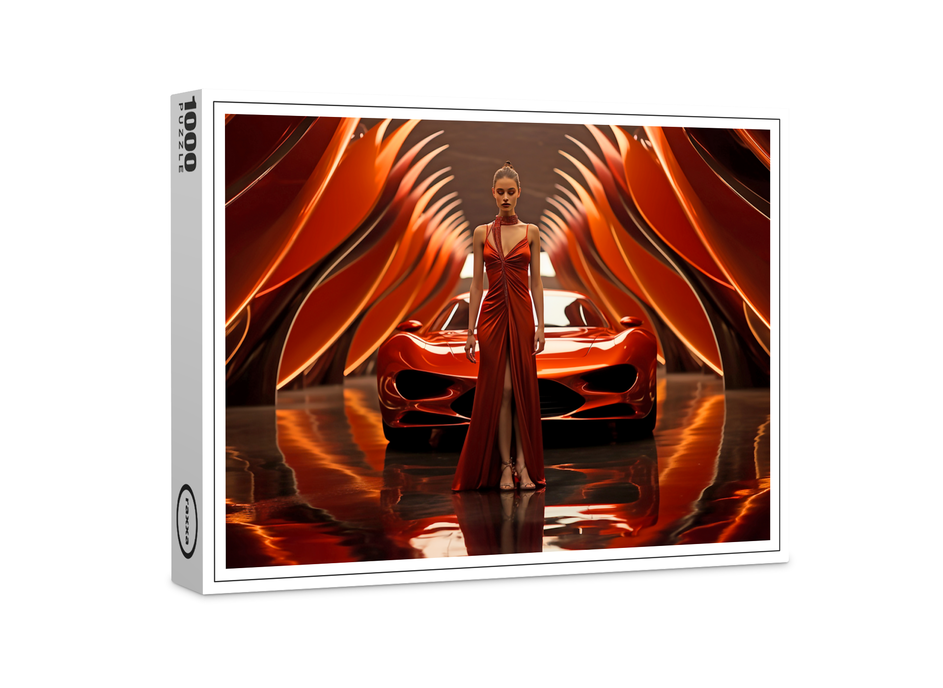 raxxa Premium-Puzzle: Sportwagen und junge Frau in Rot