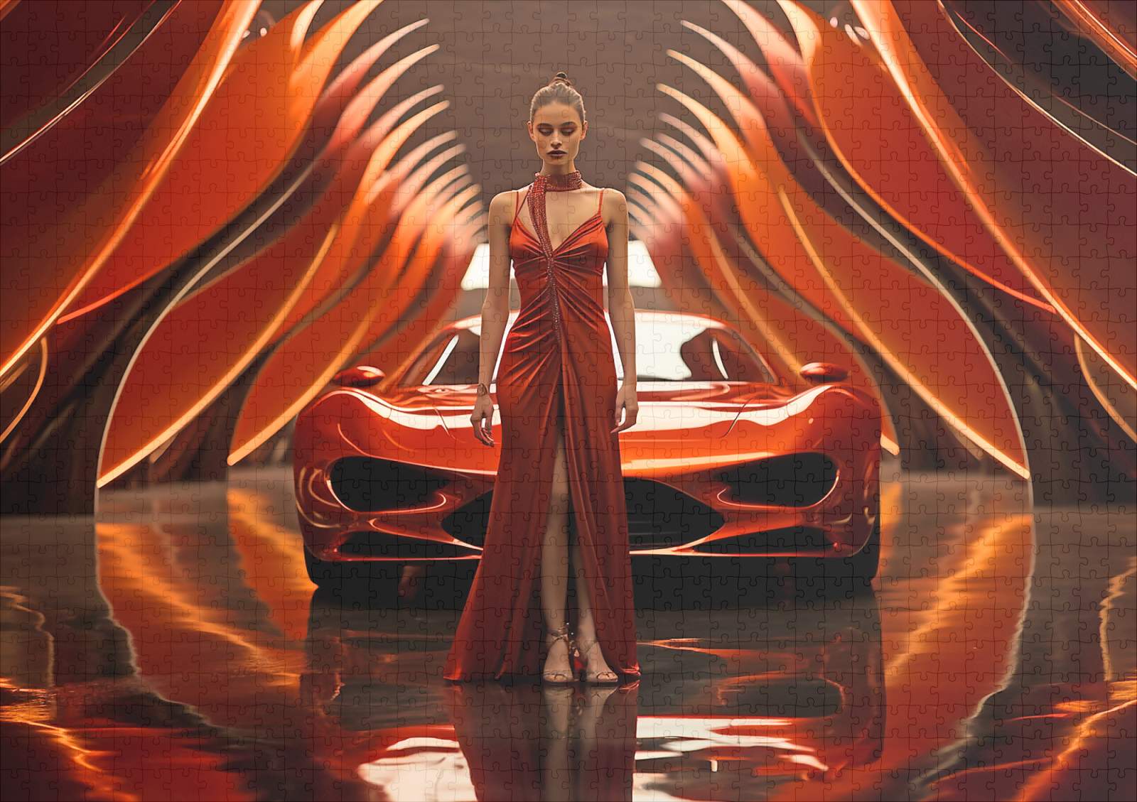 raxxa Premium-Puzzle: Sportwagen und junge Frau in Rot – Image 2