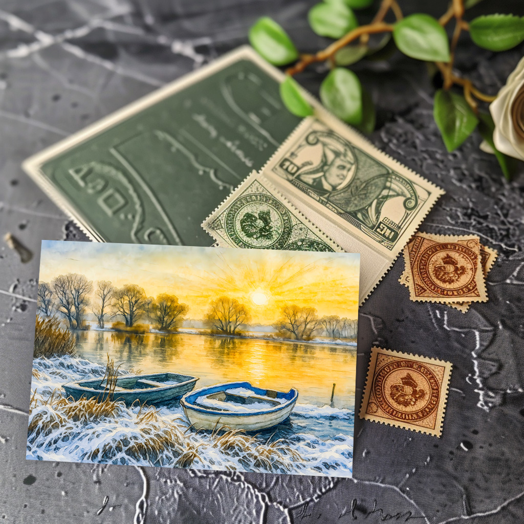 raxxa Postkarte: Sunset boats riverside aquarell havelland