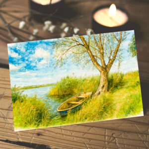 raxxa Postkarte: Boat under willow ar river aquarell havelland style