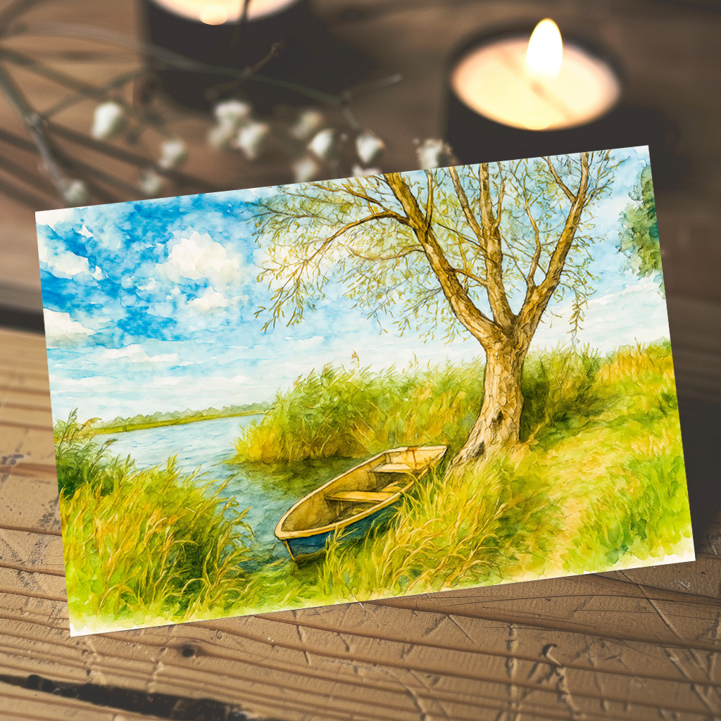 raxxa Postkarte: Boat under willow ar river aquarell havelland style