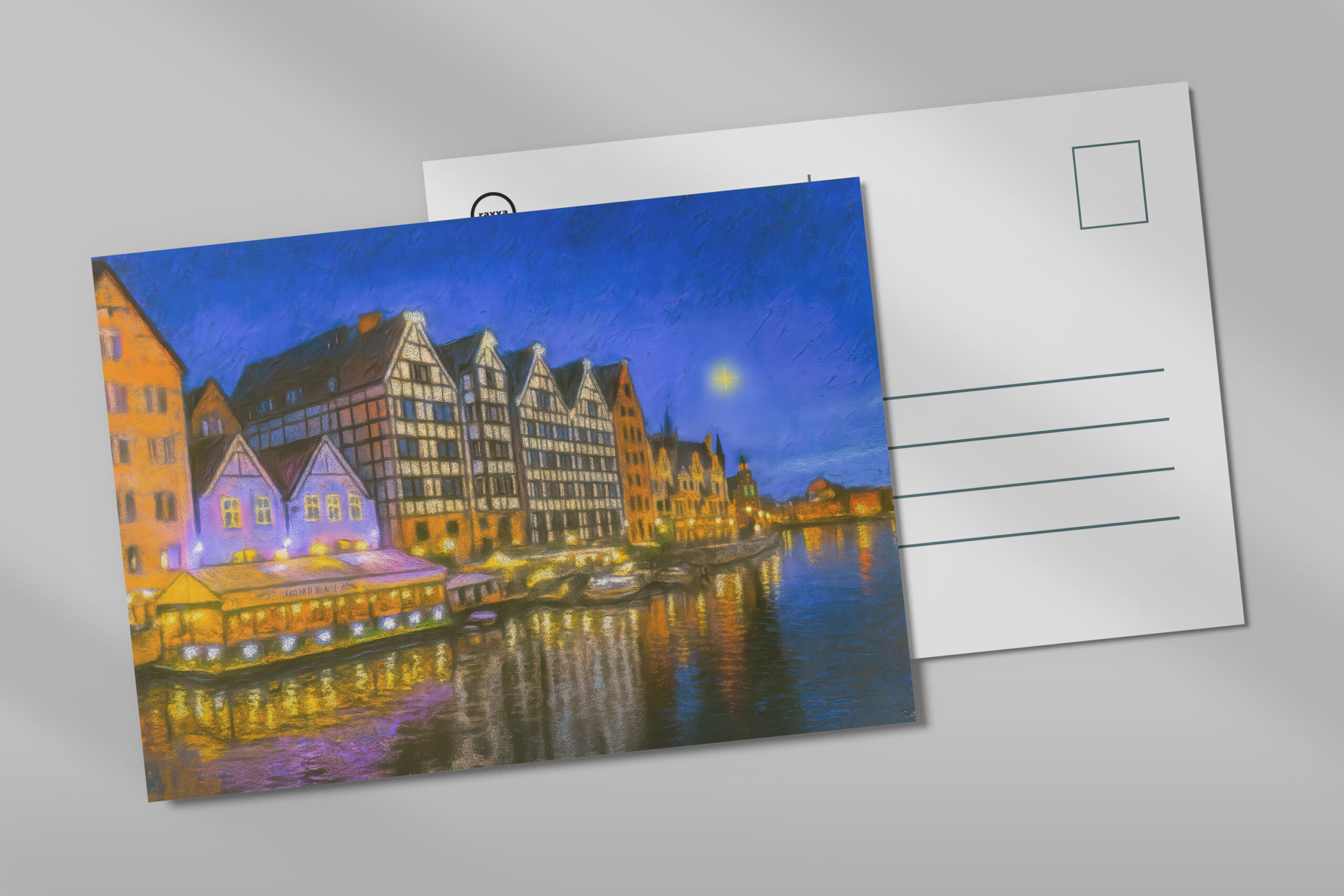 raxxa Postkarte: Pastel drawing of Danzig’s Motlawa waterfront at night