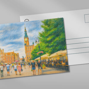 raxxa Postkarte: Pastel drawing of Danzig Long Market with church and cafes