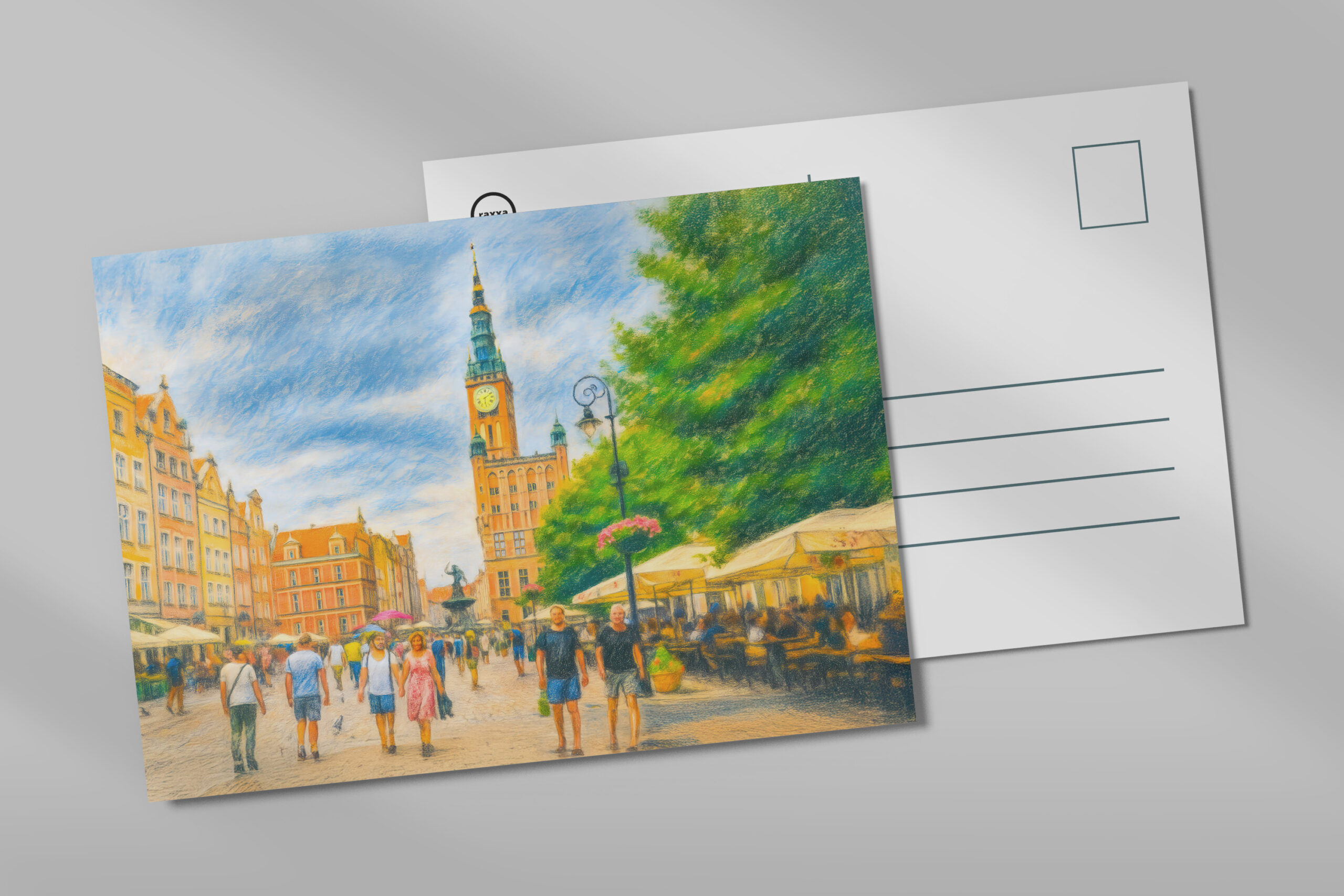 raxxa Postkarte: Pastel drawing of Danzig Long Market with church and cafes