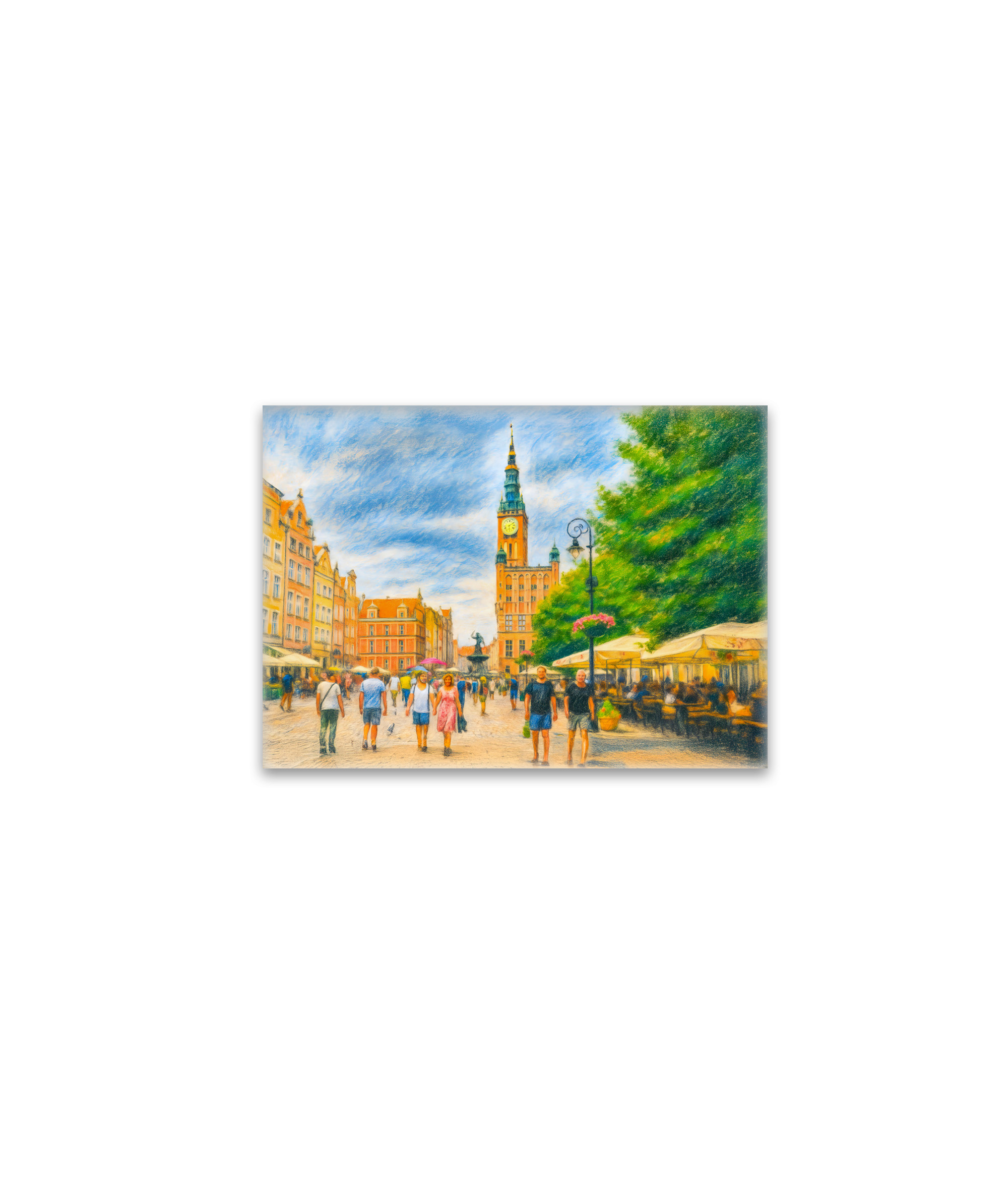 raxxa Glas-Magnet: Pastel drawing of Danzig Long Market with church and cafes