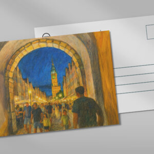 raxxa Postkarte: Pastel drawing of Danzig city gate view to Neptune fountain