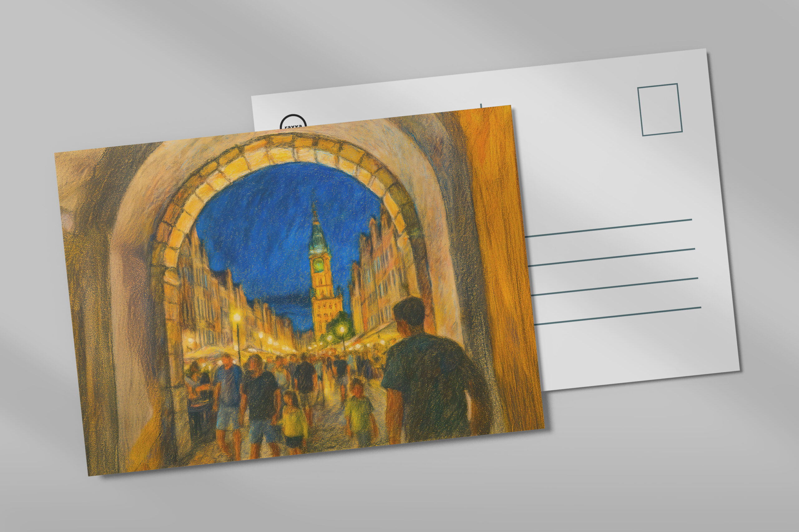 raxxa Postkarte: Pastel drawing of Danzig city gate view to Neptune fountain