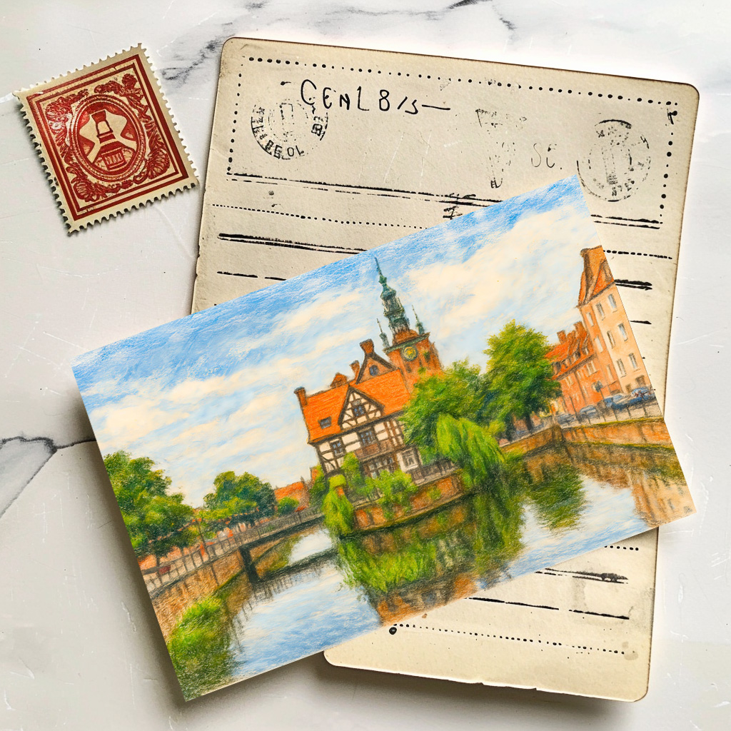 raxxa Postkarte: Pastel drawing of Danzig’ old mill on Radunia Canal