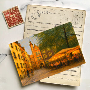 raxxa Postkarte: Pastel drawing of Danzig old town restaurants near crane gate