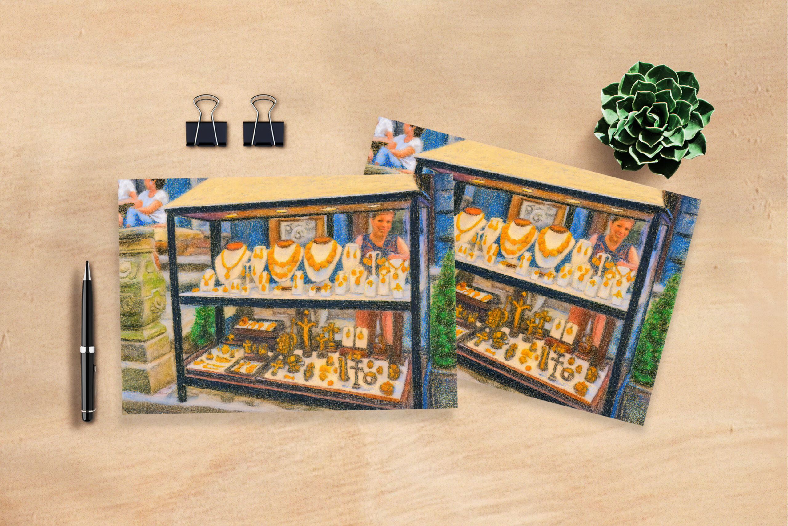 raxxa Postkarte: Pastel drawing of Danzig amber shop window display