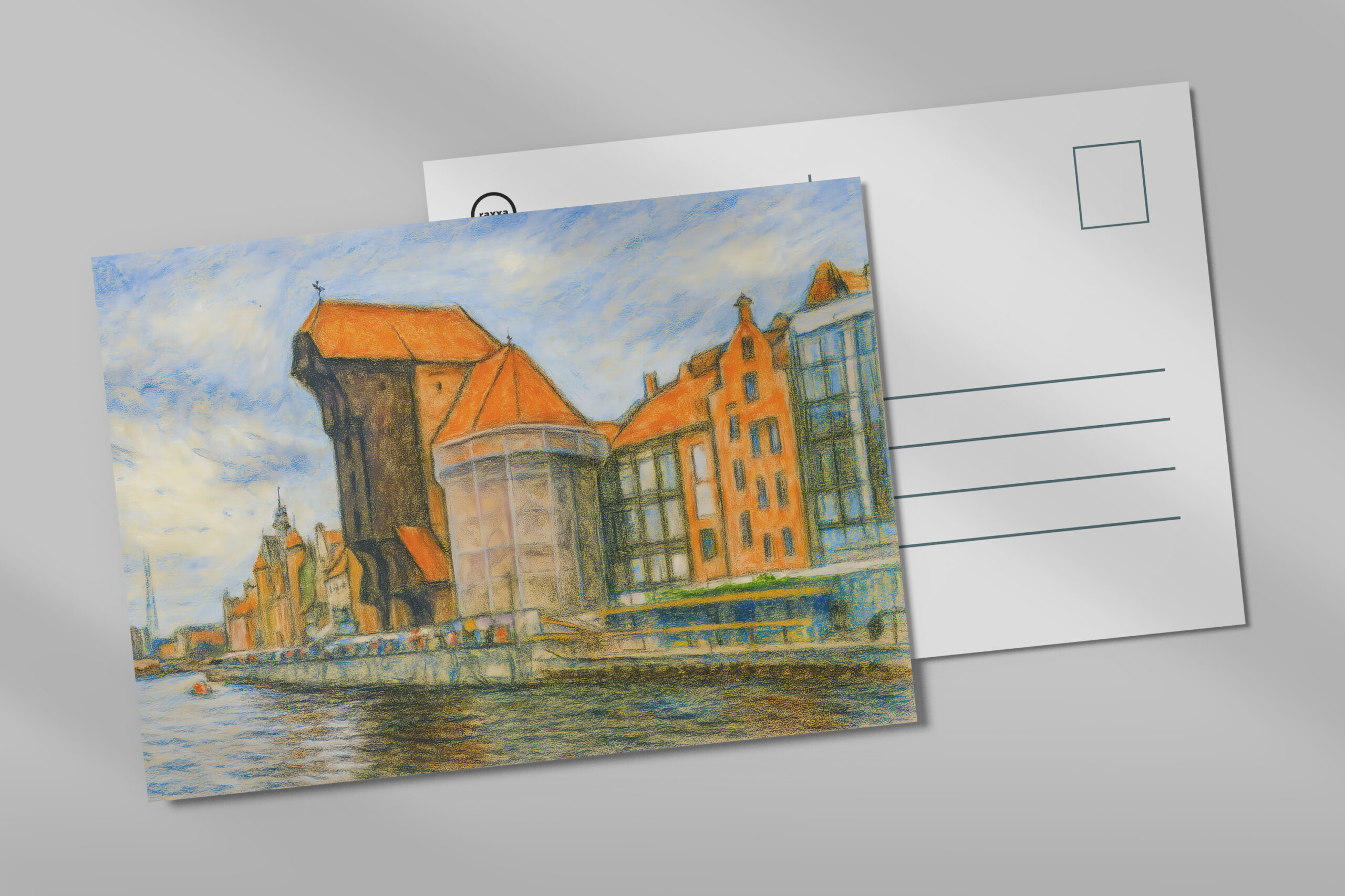 raxxa Postkarte: Pastel drawing of Danzig historic crane gate in daylight