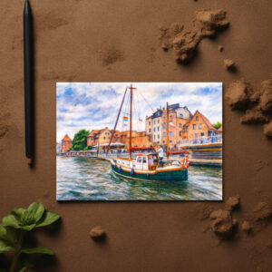raxxa Postkarte: Pastel drawing of sailboat on Motlawa in Danzig old town