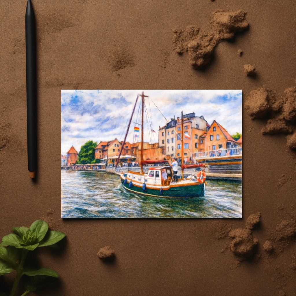 raxxa Postkarte: Pastel drawing of sailboat on Motlawa in Danzig old town