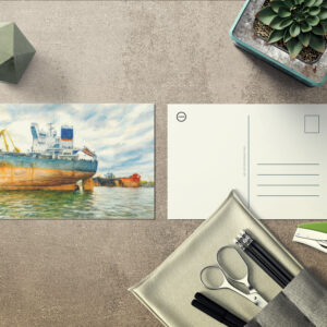 raxxa Postkarte: Pastel drawing of cargo ship in Danzig sea harbor