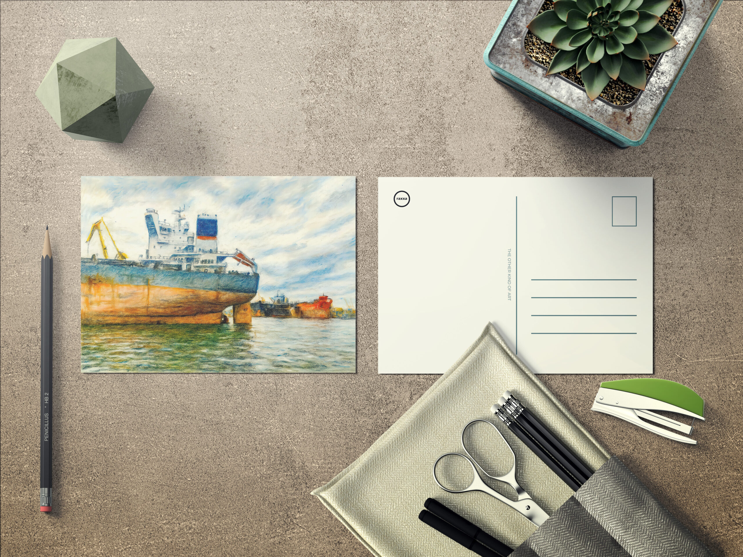raxxa Postkarte: Pastel drawing of cargo ship in Danzig sea harbor