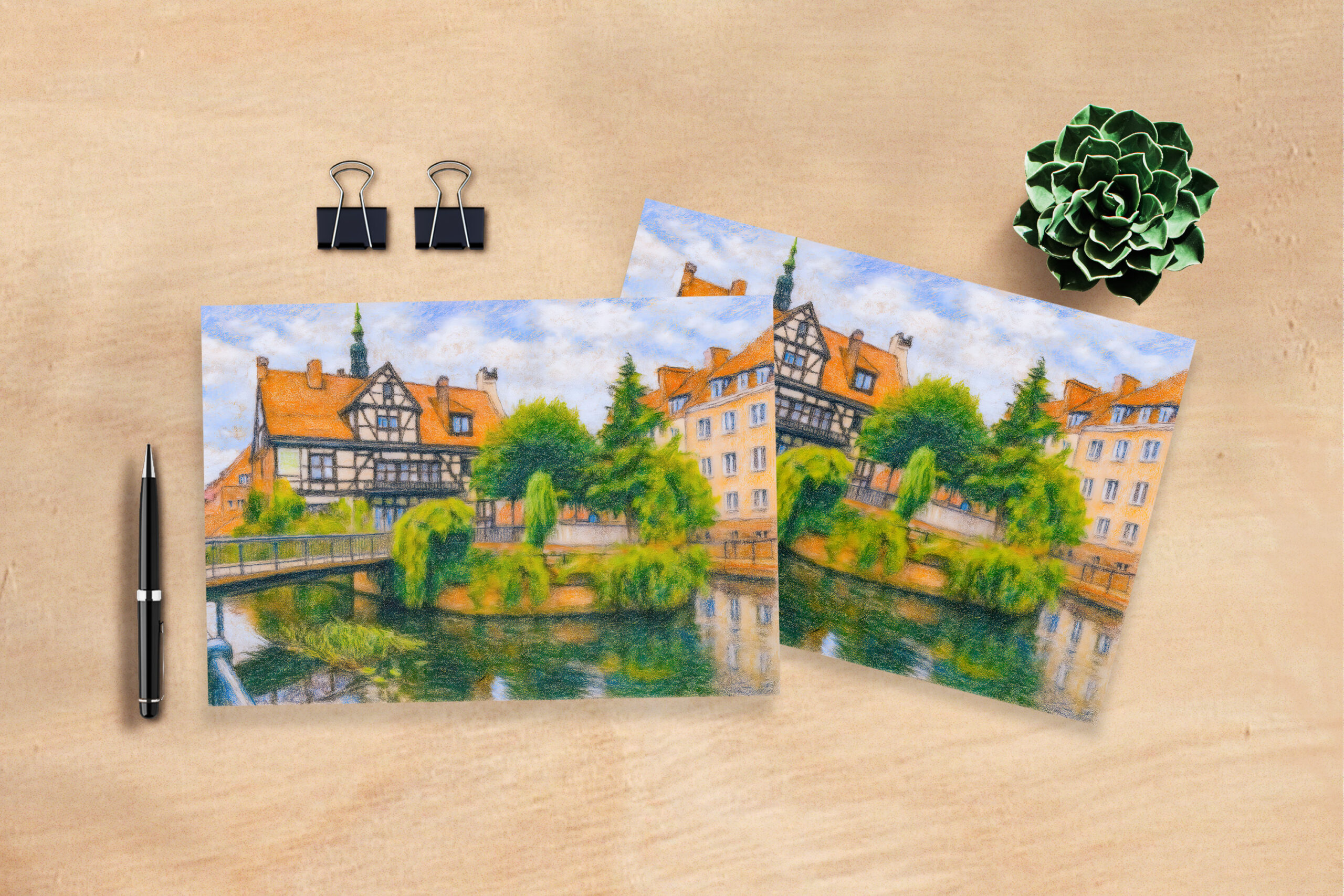 raxxa Postkarte: Pastel drawing of Danzig’ old mill on Radunia Canal