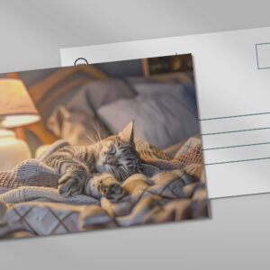 raxxa Postkarte: Cat lounging on couch with blanket and lamp