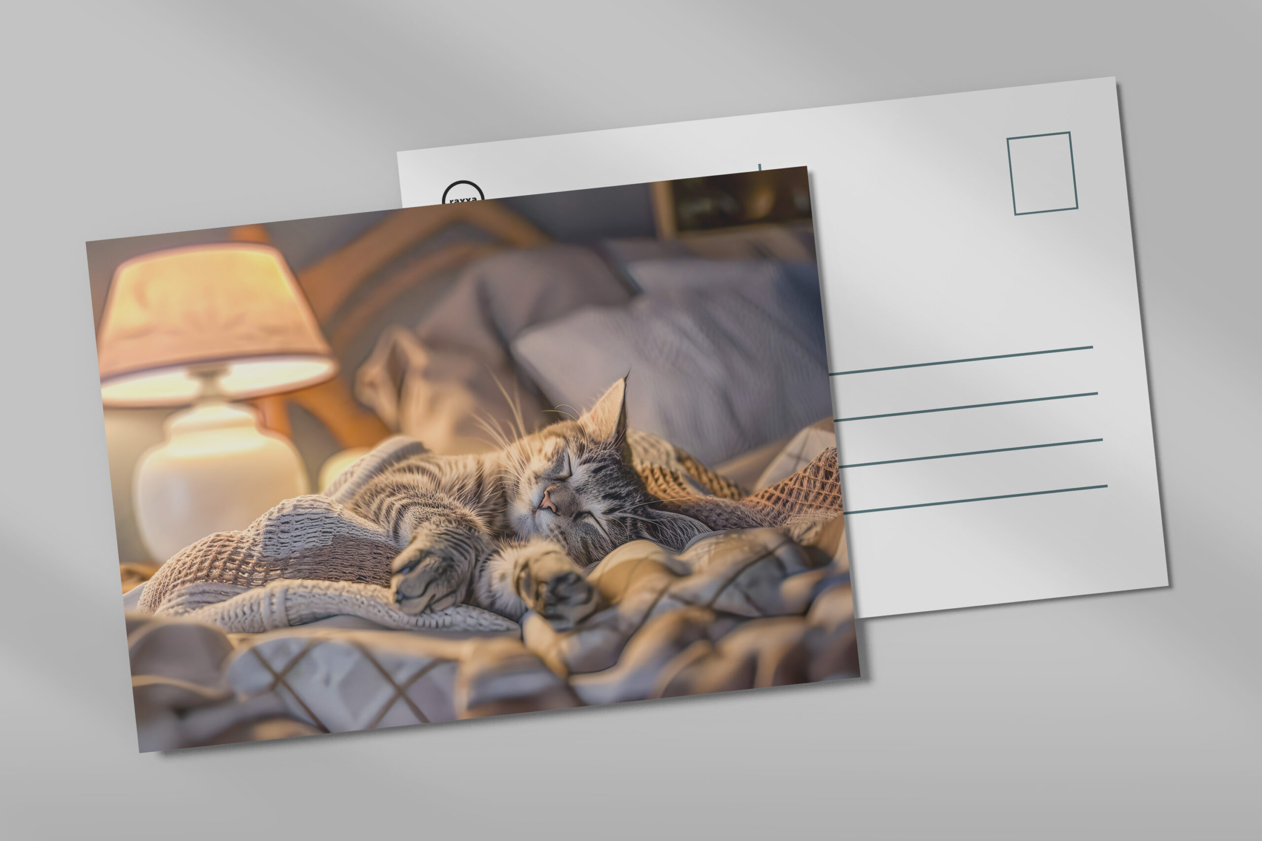 raxxa Postkarte: Cat lounging on couch with blanket and lamp