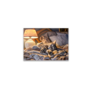 raxxa Glas-Magnet: Cat lounging on couch with blanket and lamp