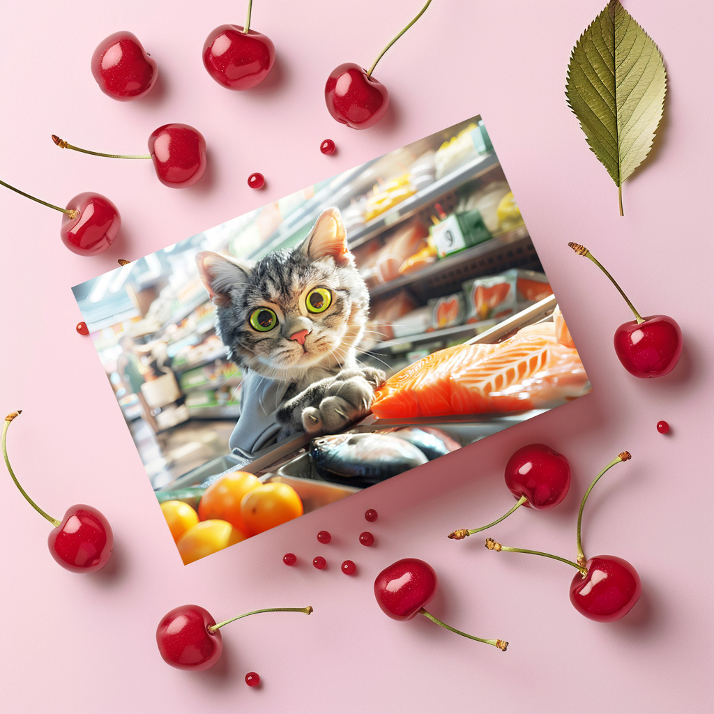 raxxa Postkarte: Cat shopping in grocery store with produce