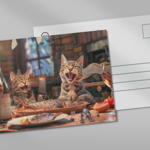 raxxa Postkarte: Cats dining on fish with wine indoors
