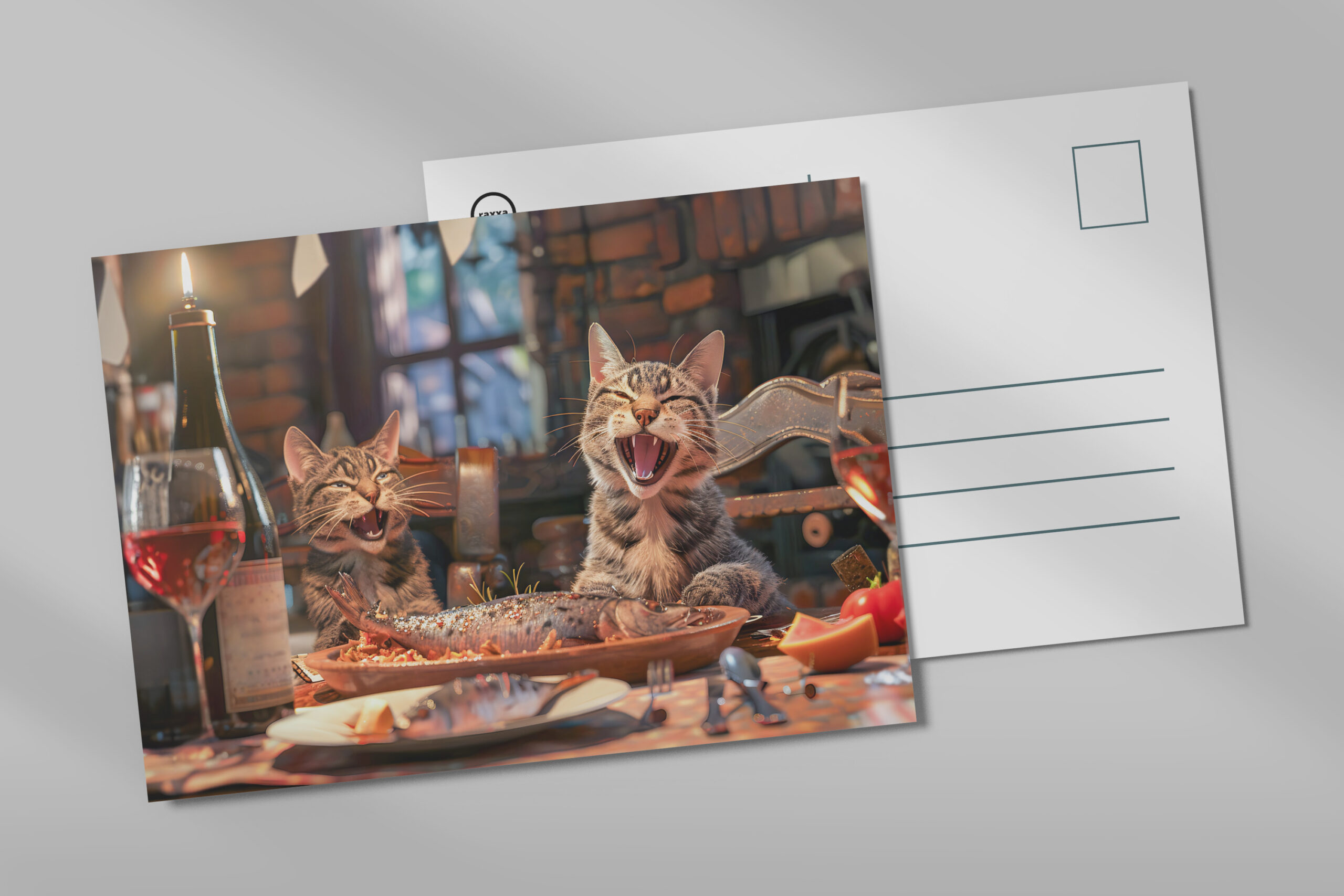 raxxa Postkarte: Cats dining on fish with wine indoors