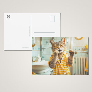 raxxa Postkarte: Cat brushing teeth in striped pajamas bathroom