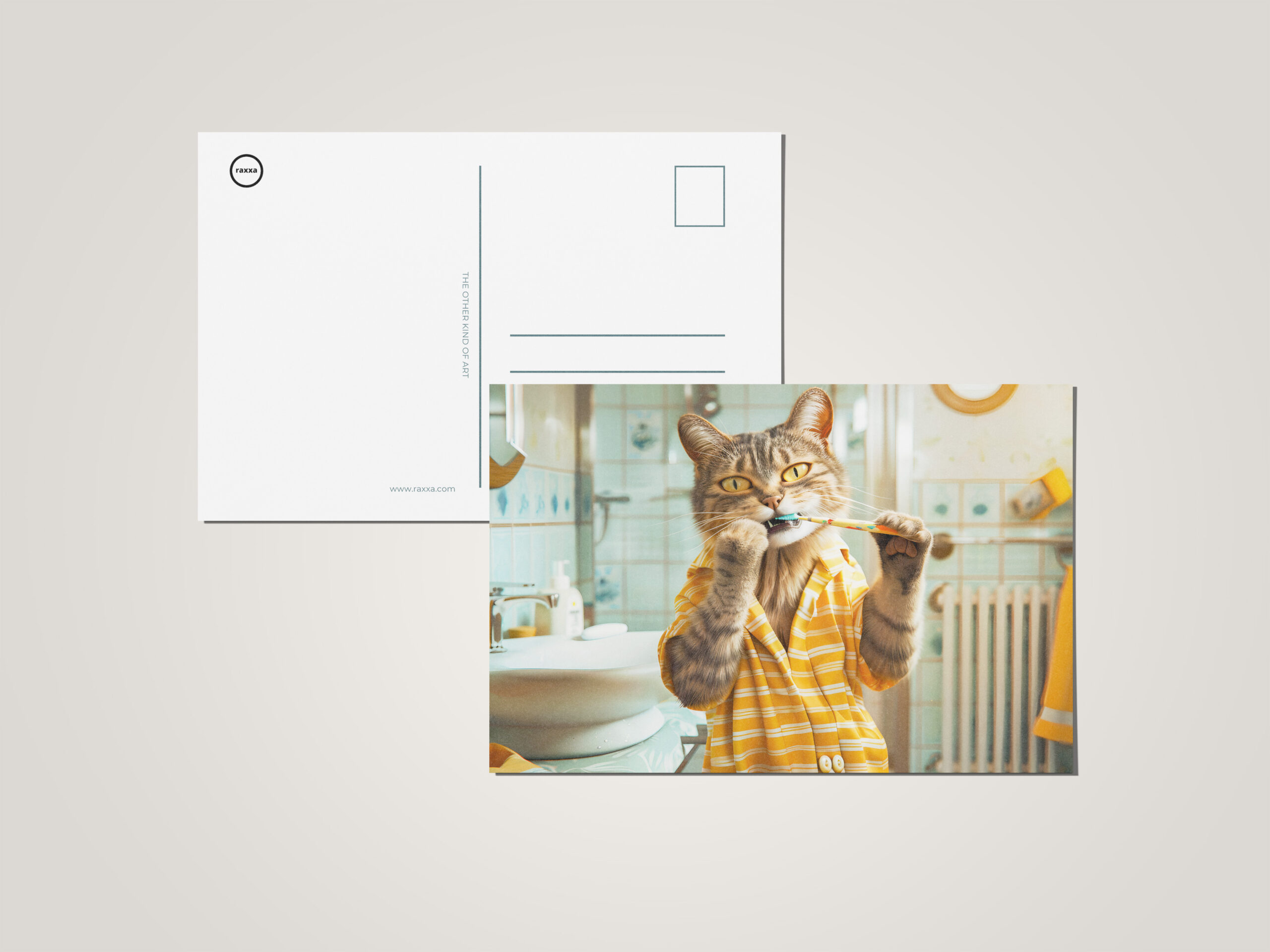 raxxa Postkarte: Cat brushing teeth in striped pajamas bathroom