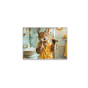 raxxa Glas-Magnet: Cat brushing teeth in striped pajamas bathroom