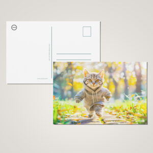 raxxa Postkarte: Cat in hoodie jogging through green park