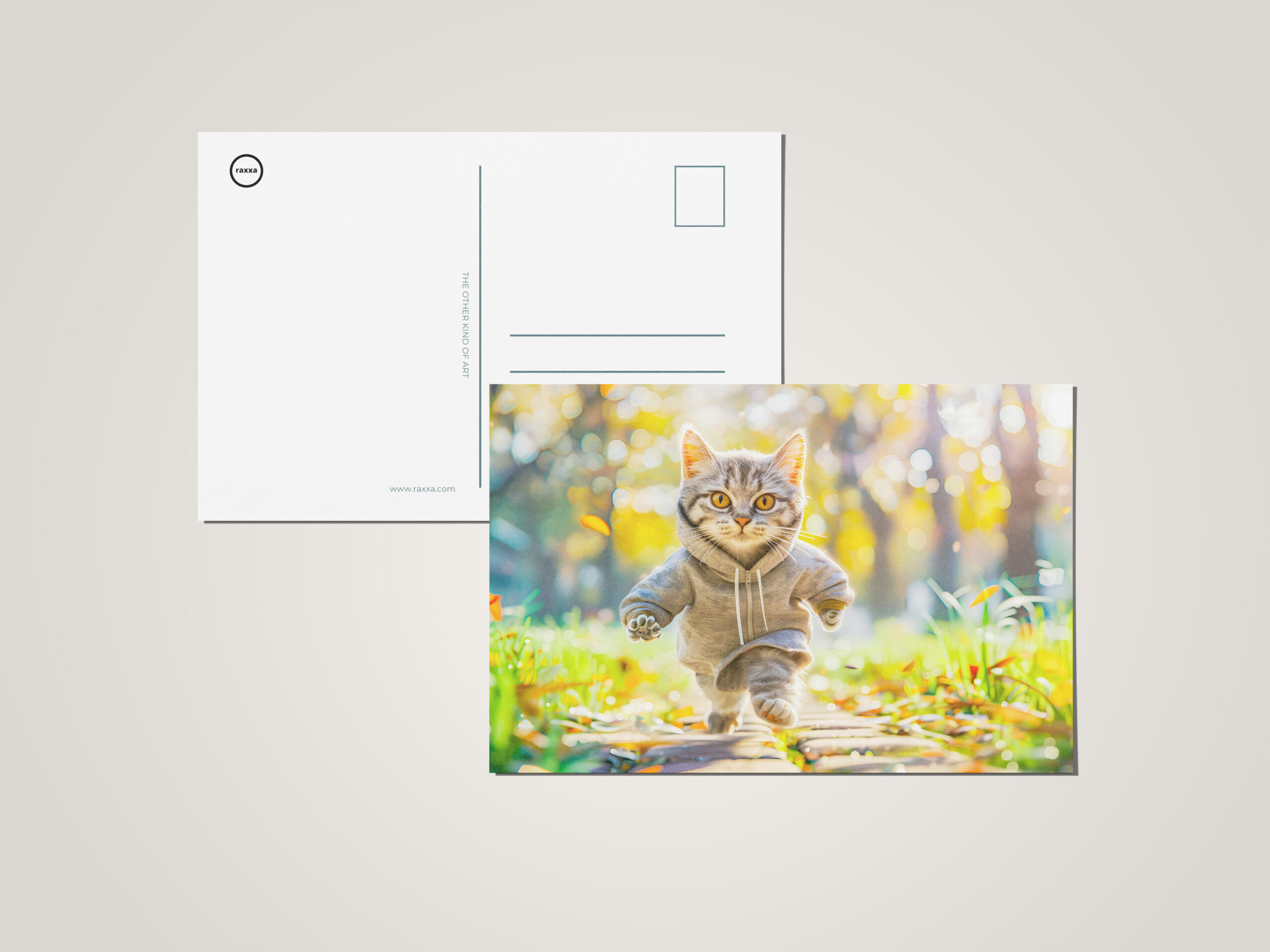 raxxa Postkarte: Cat in hoodie jogging through green park