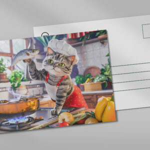raxxa Postkarte: Cat in chef hat cooking with vegetables and fish