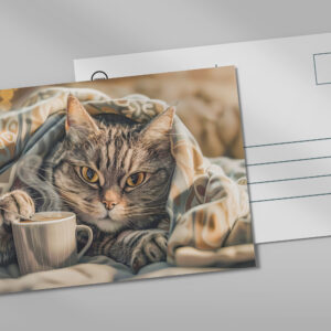 raxxa Postkarte: Cat with coffee and book in cozy blanket