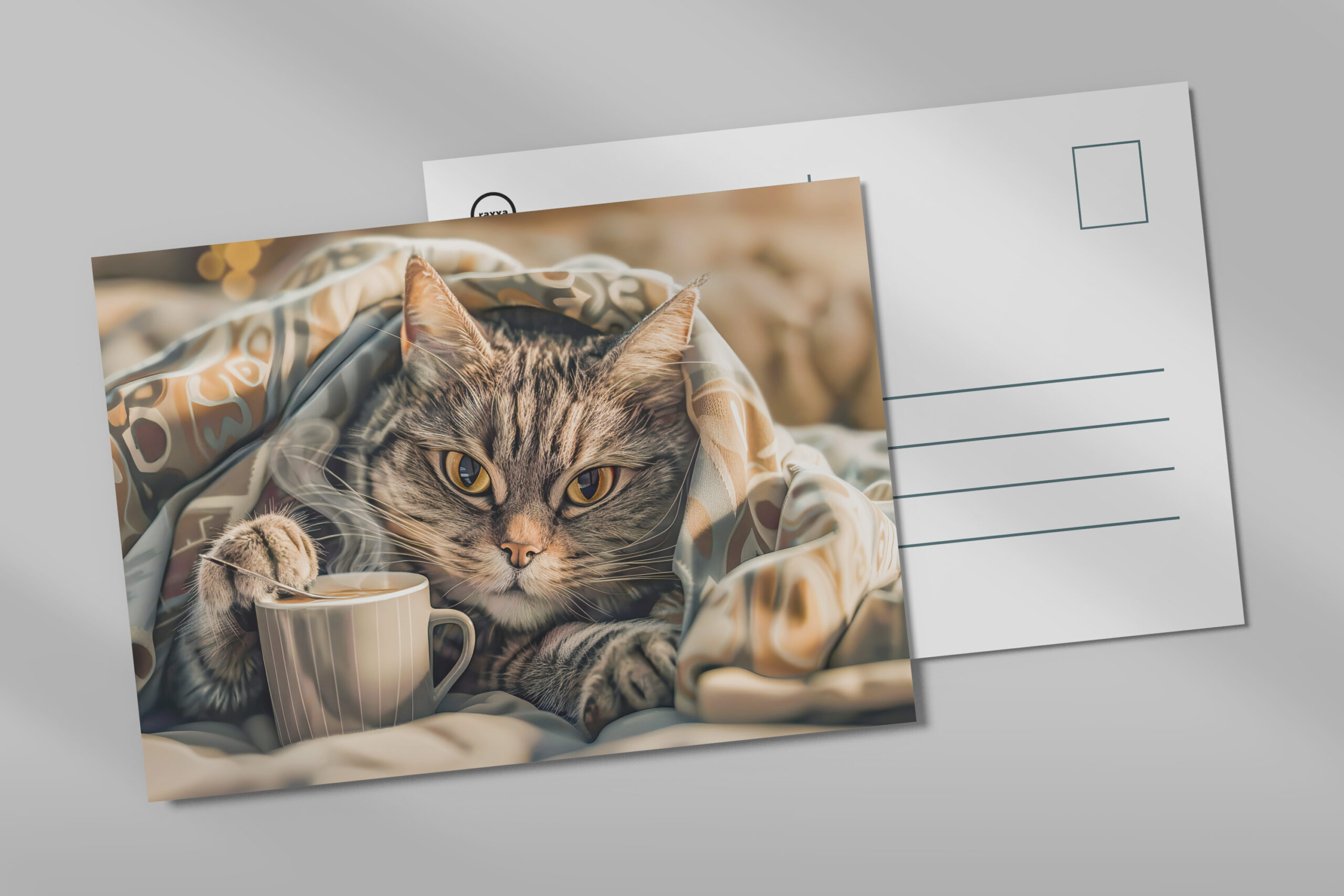 raxxa Postkarte: Cat with coffee and book in cozy blanket