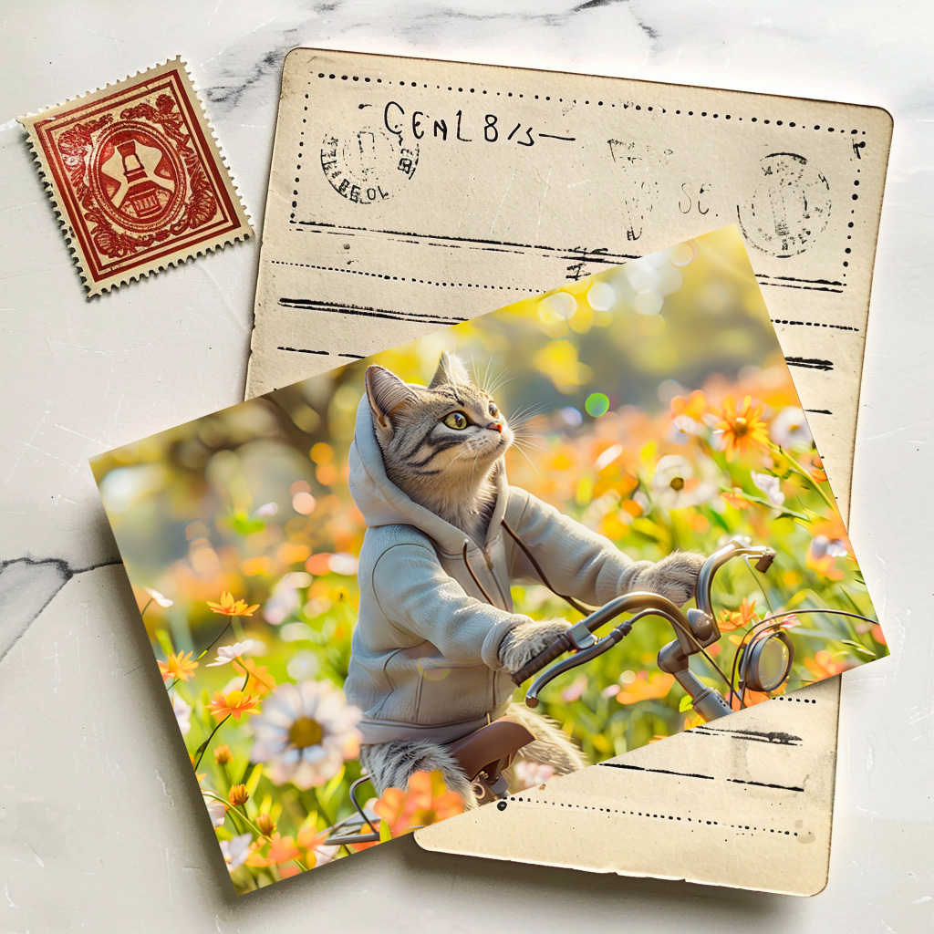 raxxa Postkarte: Cat in hoodie cycling across summer meadow