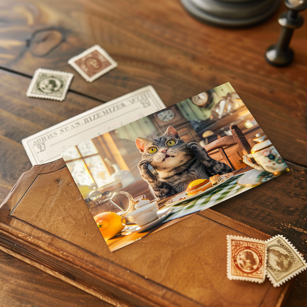 raxxa Postkarte: Cat at breakfast table with croissants and juice