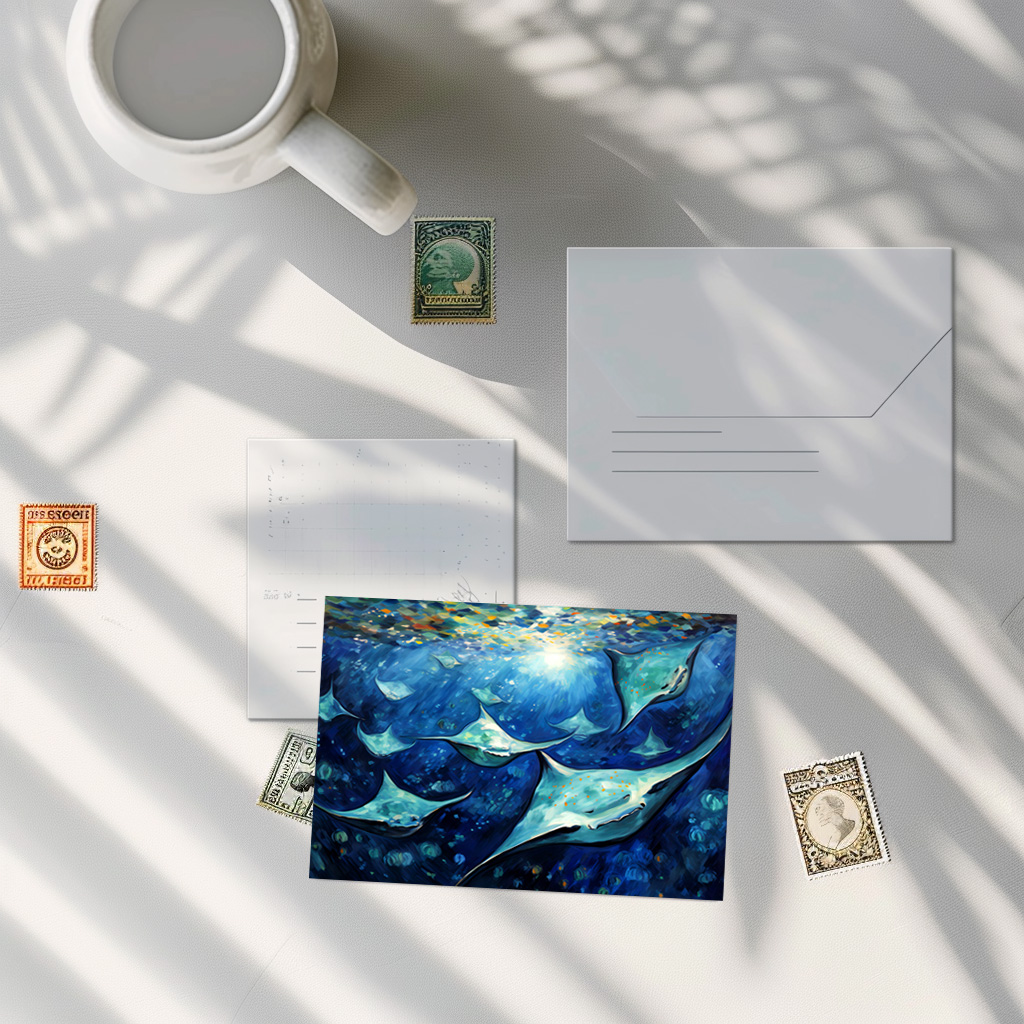 raxxa Postkarte: Manta Rays in Expressive Ocean Oil Painting