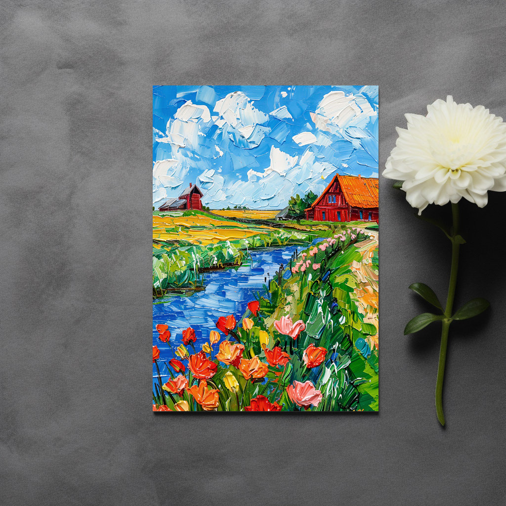 raxxa Postkarte: Tulip Fields with Barn and Stream Fantasy Painting